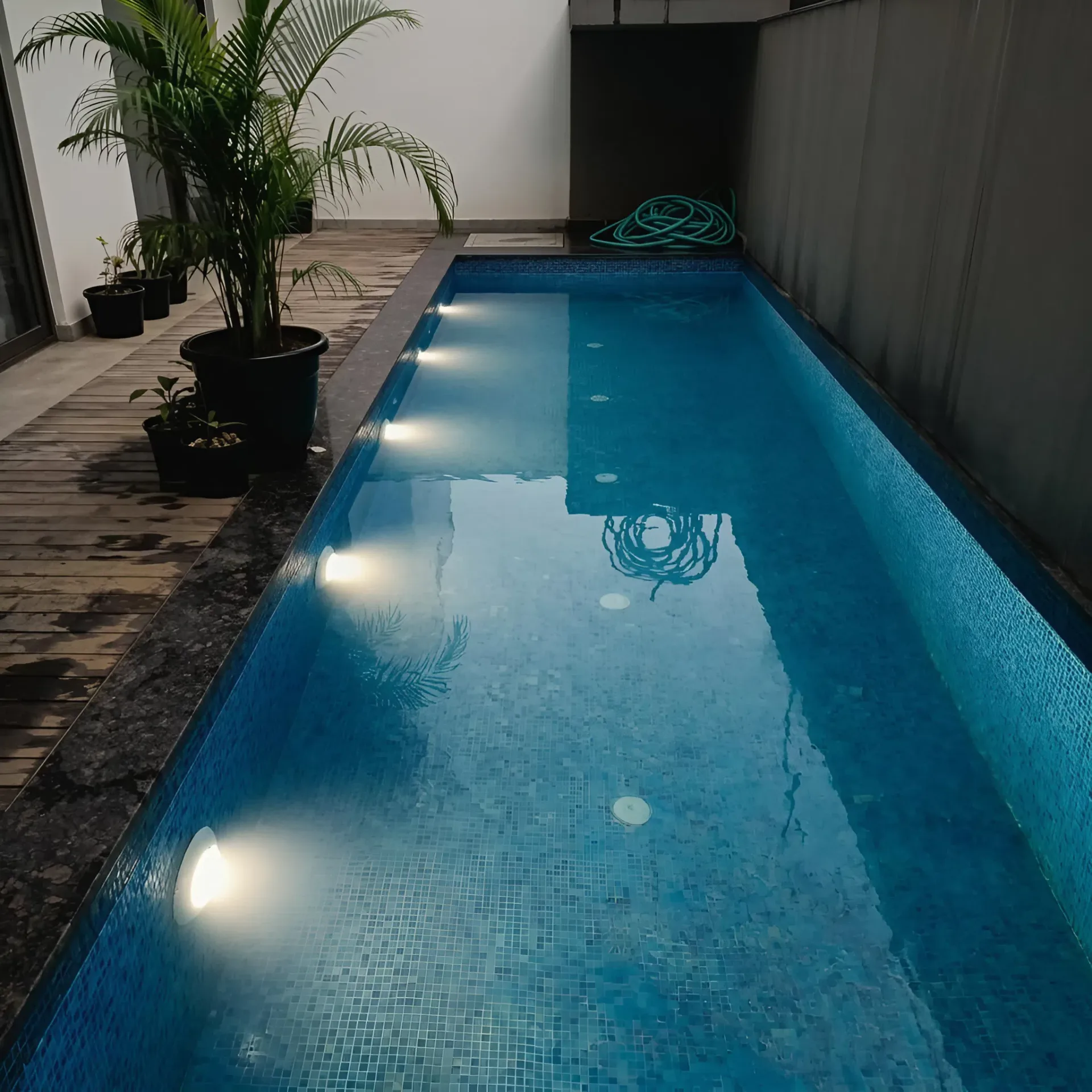Illuminated lap pool with mosaic tiles — Sector 50, Noida