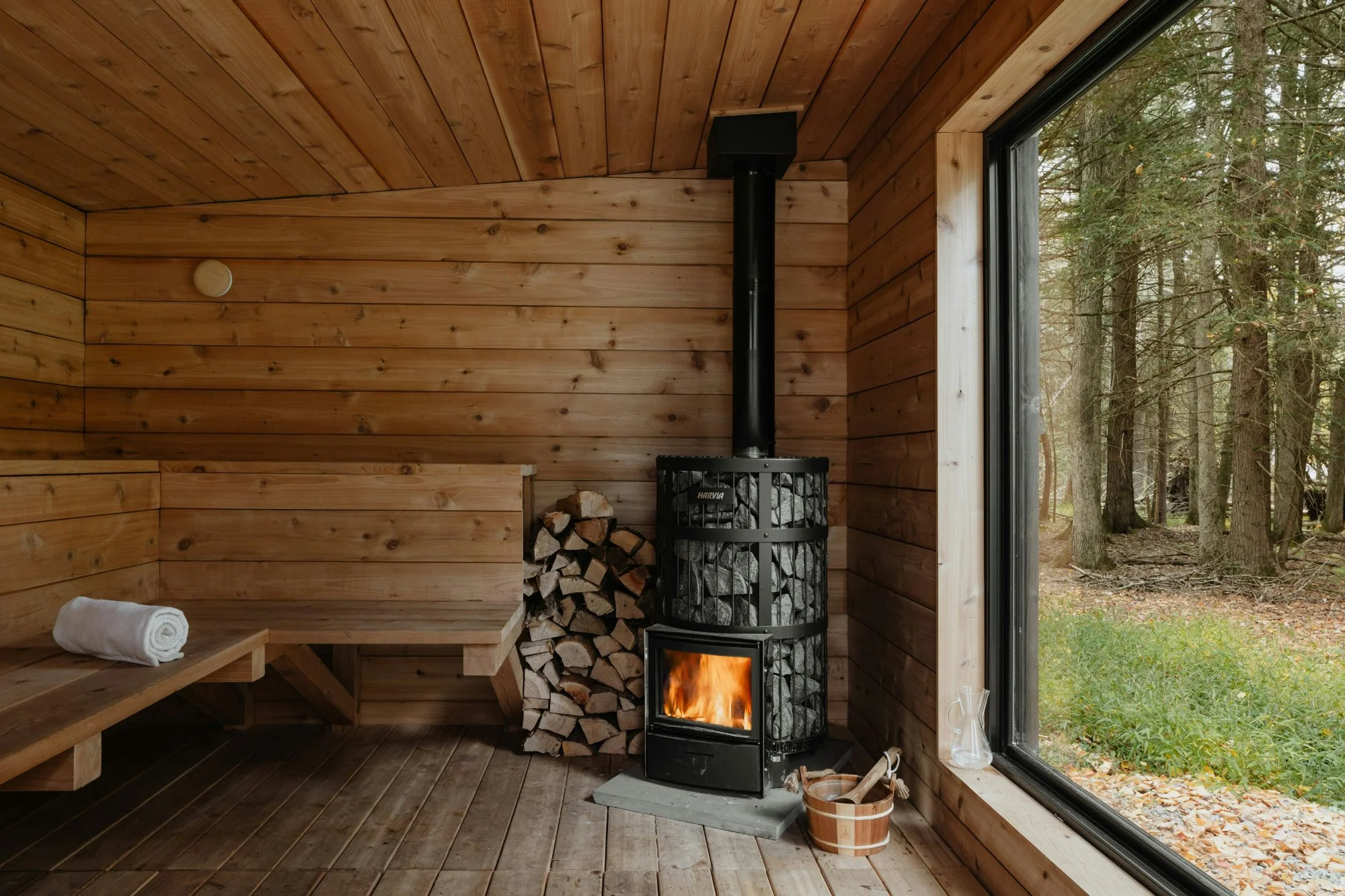 Cedar sauna room installation Delhi farmhouse