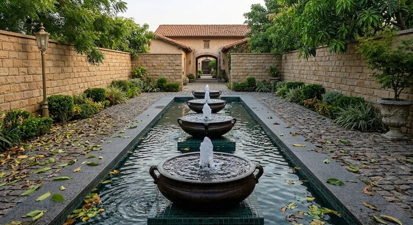 Courtyard estate fountain Delhi farmhouse